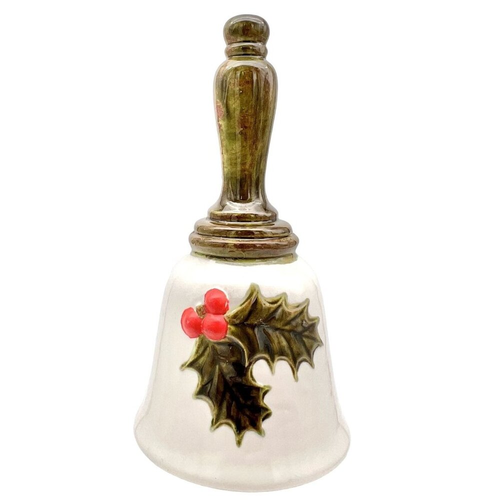 Vintage Ceramic Christmas Bell With Holly & Berries Design Holiday Decor
